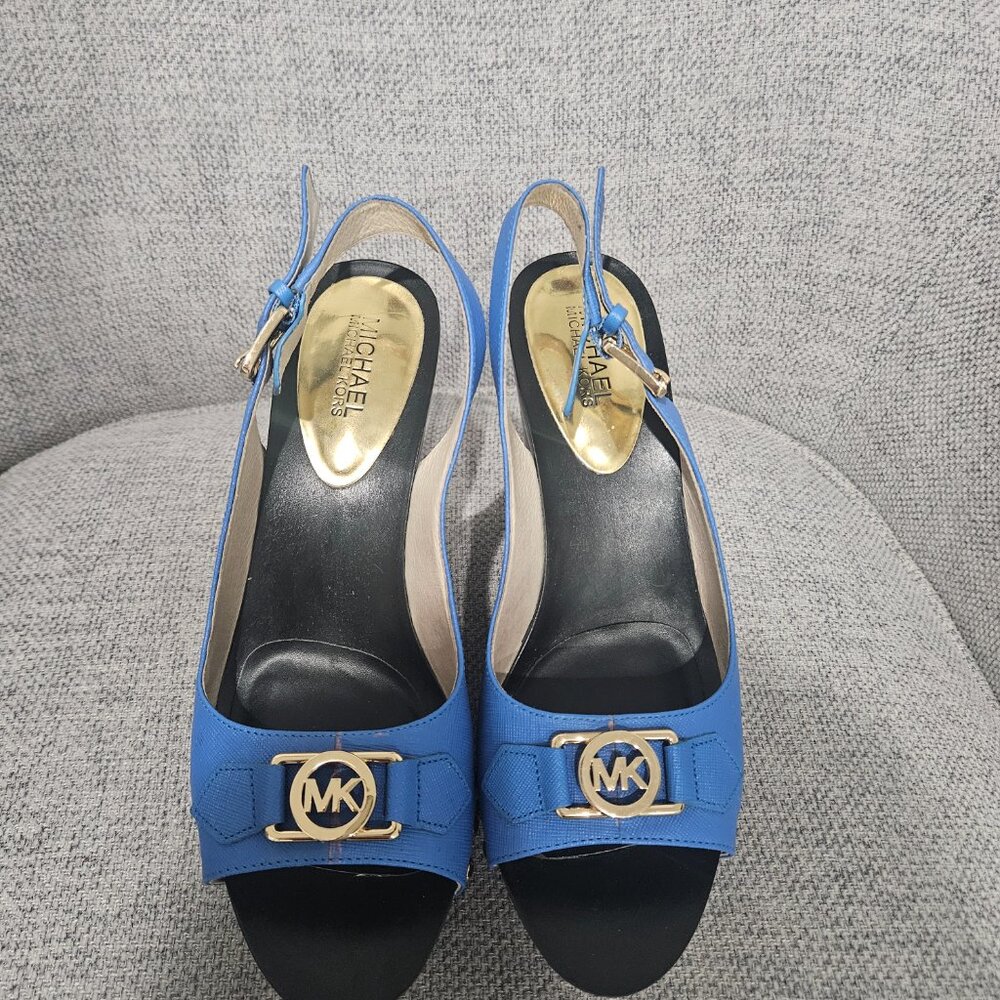 Michael Kors Blue Gold Logo Slingback Wedge Sandals